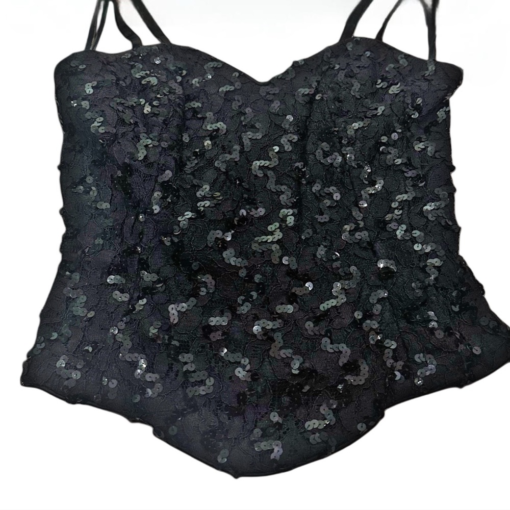 Vintage After Five Black Sequin & Lace Bustier